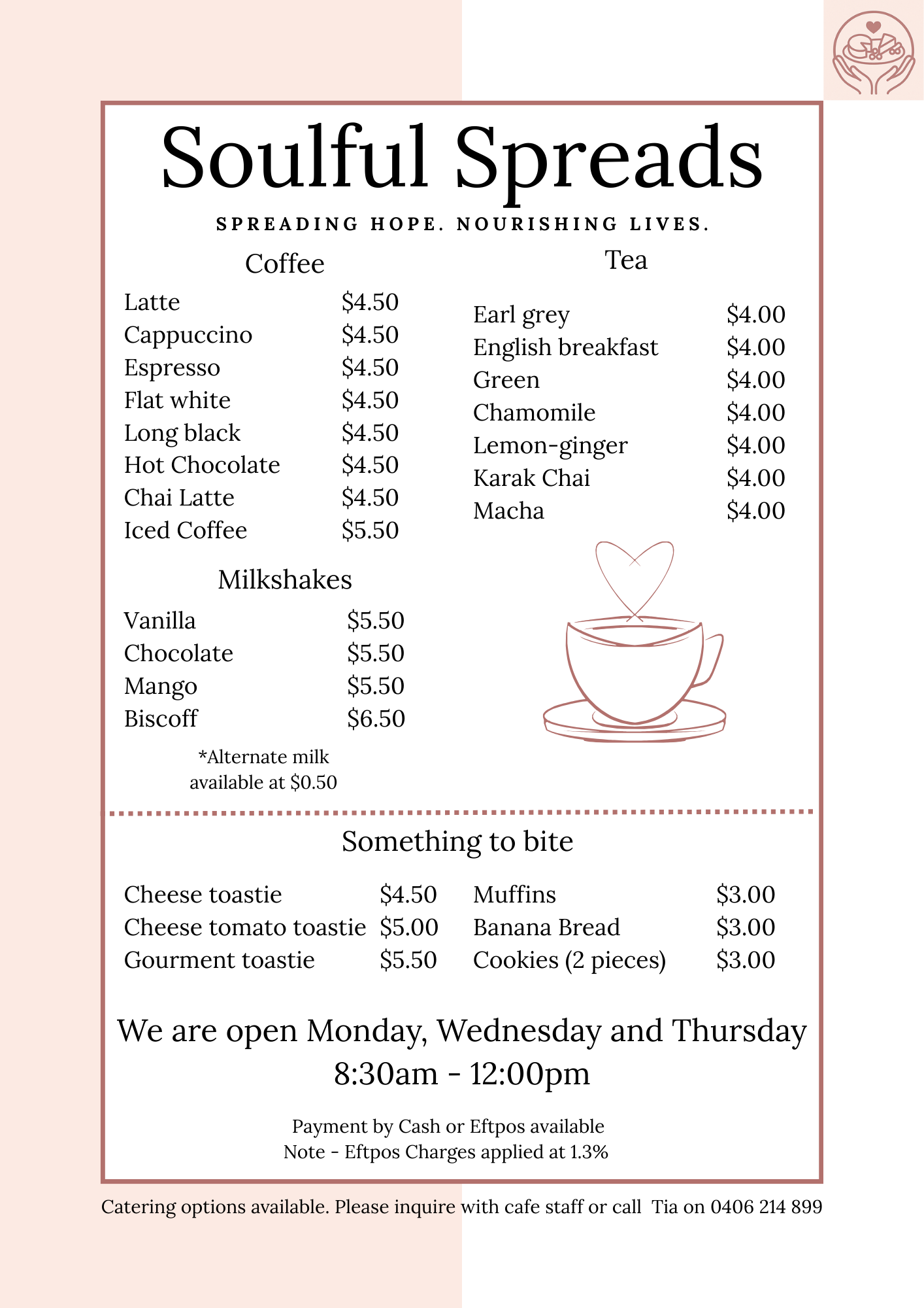Soulful Spreads Cafe Menu showing coffee drinks from $3.50-$4.00, teas at $3.50, milkshakes from $5.50-$6.50, toasties from $4.00-$5.50, and treats at $3.00