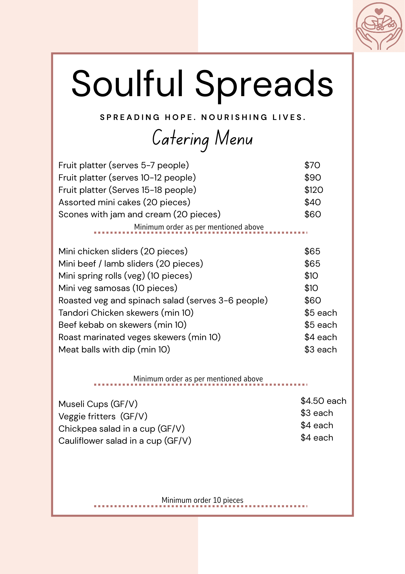 Soulful Spreads Catering Menu Page 1 - Fruit platters, mini cakes, muffins, cookies, scones, chicken and beef sliders, pies, and quiche