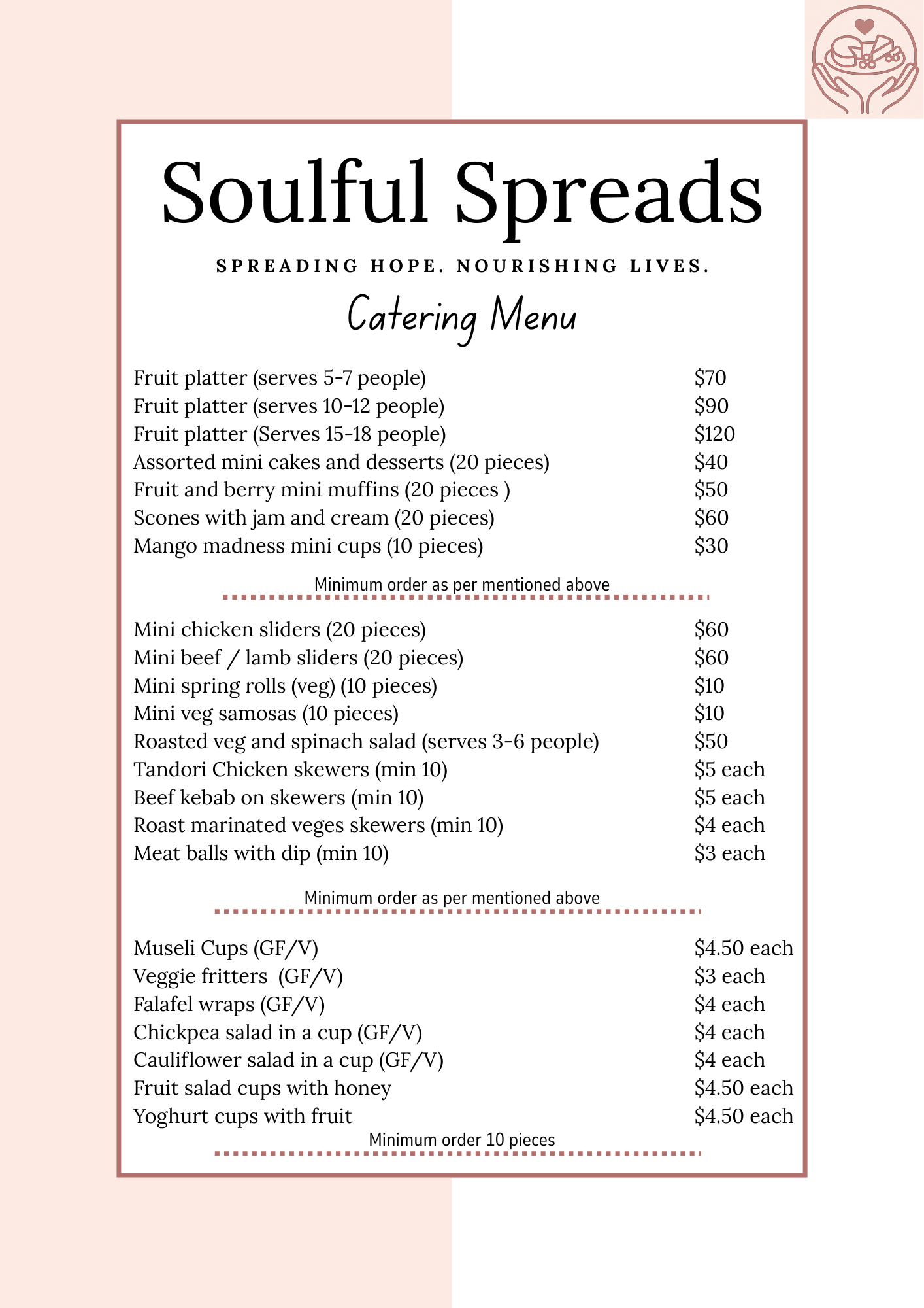 Soulful Spreads Catering Menu Page 1 - Fruit platters, mini cakes, muffins, cookies, scones, chicken and beef sliders, pies, and quiche