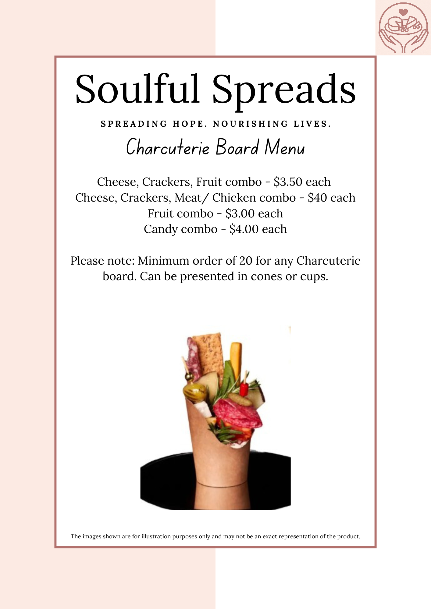 Soulful Spreads Catering Menu Page 4 - Gluten-free and vegan options including muesli cups, veggie fritters, rice paper rolls, falafel wraps, and salads